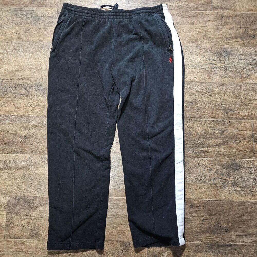 Mens Polo - Ralph Lauren Black Sweatpants White Stripe Size XL
